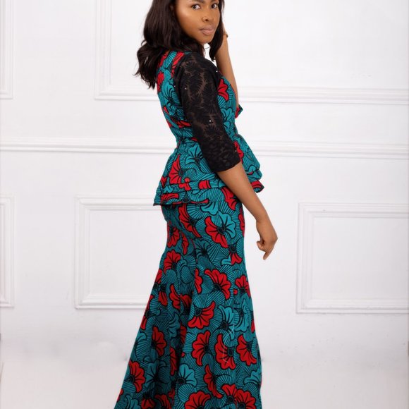 Red teal african print suit with lace 3/4 sleeves - Picture 4 of 4